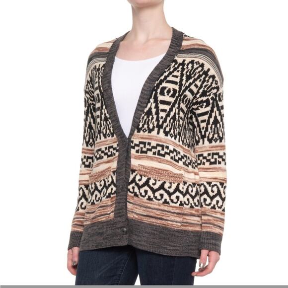 Lucky Brand Cotton Blend Aztec Jacquard Boyfriend Cardigan Sweater Large Nwt - Picture 1 of 9